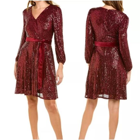 Nanette Lepore Women's Dark Red Sequin Surplice Style Wrap Dress, NWT, Size 10 - Picture 2 of 9